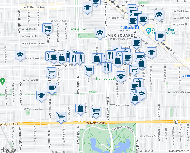 map of restaurants, bars, coffee shops, grocery stores, and more near 1911 North Whipple Street in Chicago