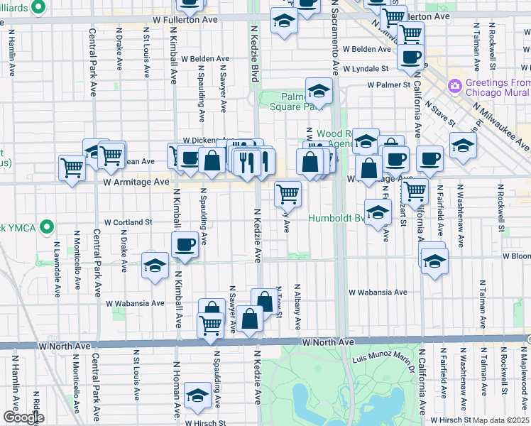 map of restaurants, bars, coffee shops, grocery stores, and more near 1911 North Kedzie Avenue in Chicago