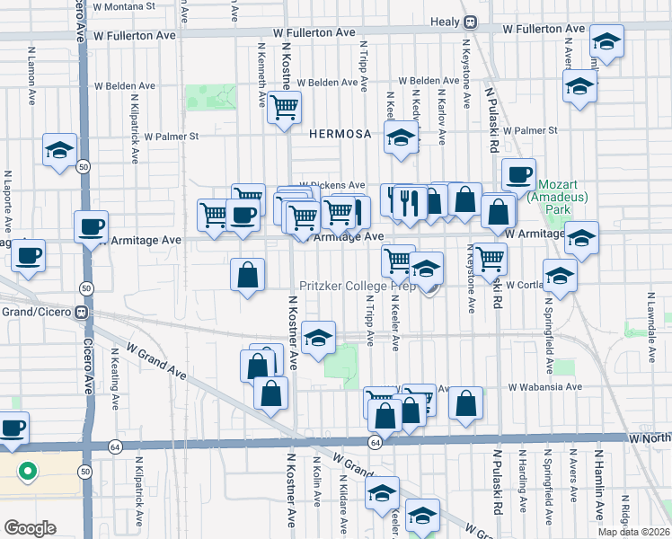 map of restaurants, bars, coffee shops, grocery stores, and more near 1923 North Kildare Avenue in Chicago