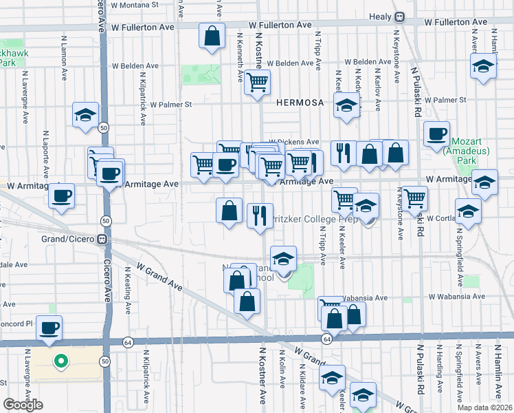 map of restaurants, bars, coffee shops, grocery stores, and more near 1922 North Kostner Avenue in Chicago