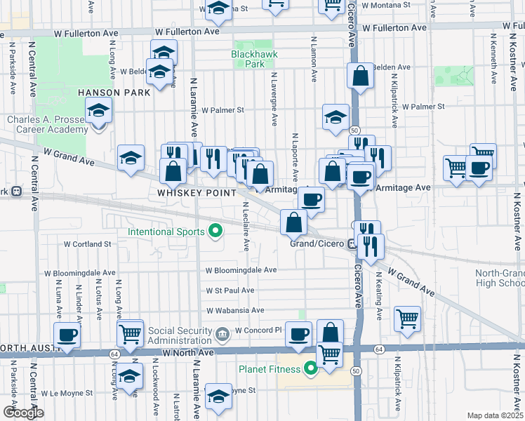 map of restaurants, bars, coffee shops, grocery stores, and more near 5015 West Grand Avenue in Chicago