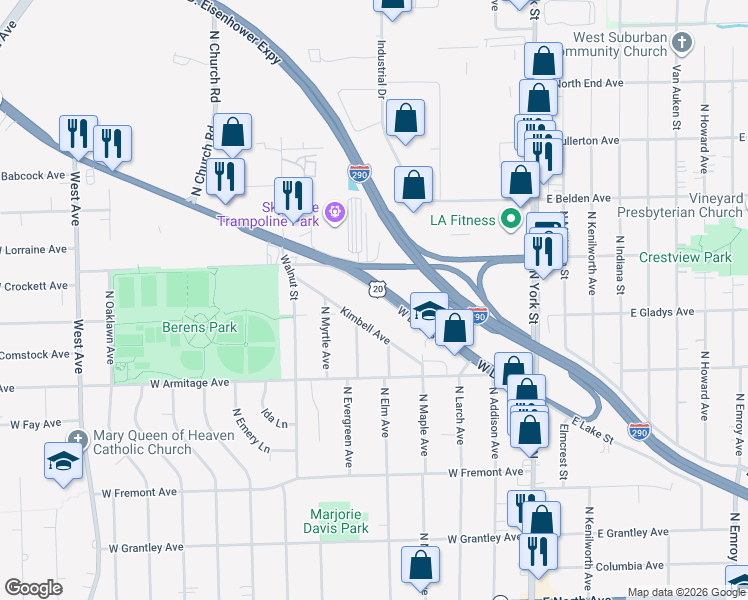 map of restaurants, bars, coffee shops, grocery stores, and more near 272 West Lake Street in Elmhurst