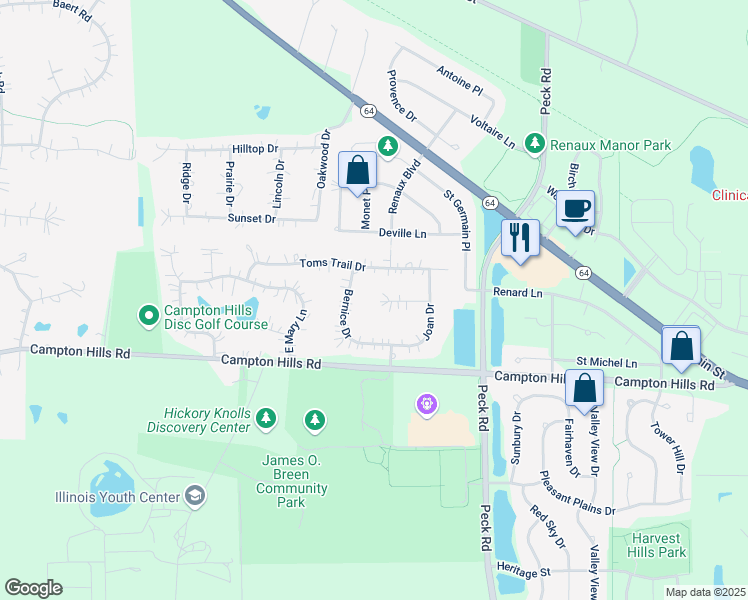 map of restaurants, bars, coffee shops, grocery stores, and more near 38W266 Joan Court in Saint Charles