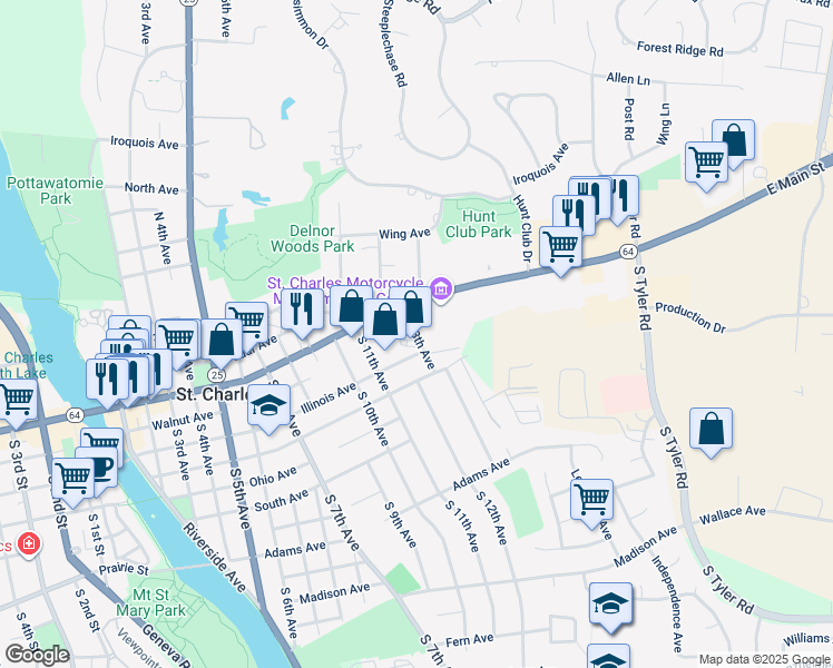 map of restaurants, bars, coffee shops, grocery stores, and more near 124 South 13th Avenue in St. Charles