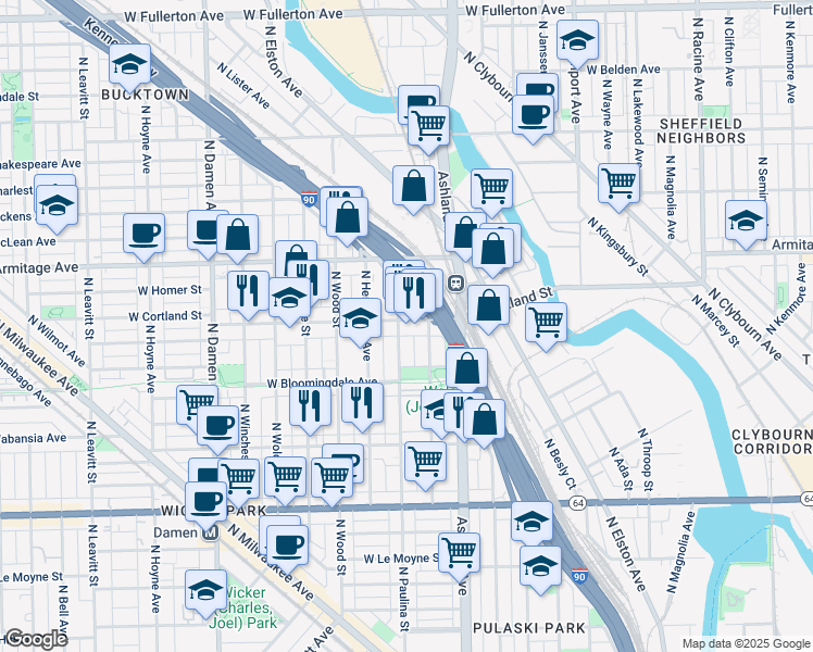 map of restaurants, bars, coffee shops, grocery stores, and more near 1858 North Paulina Street in Chicago