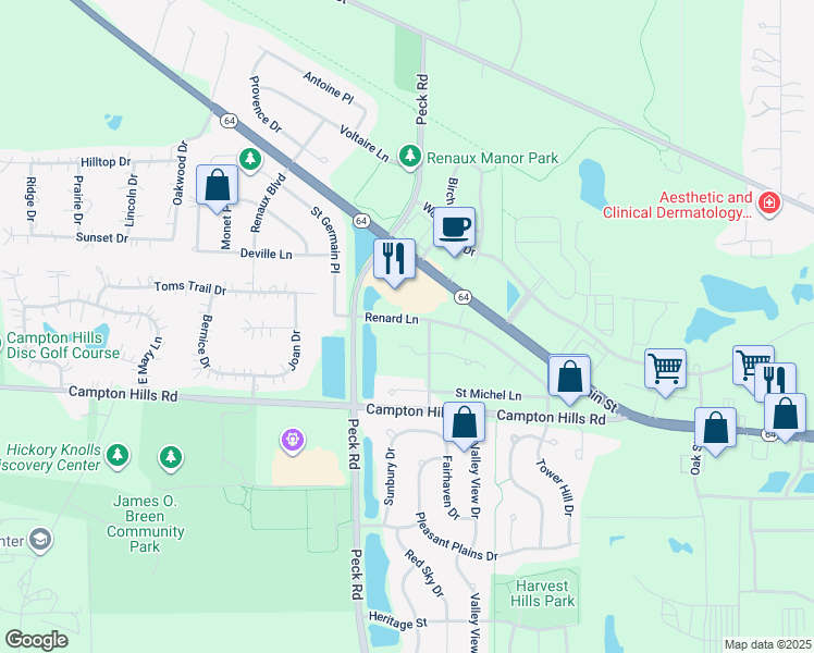 map of restaurants, bars, coffee shops, grocery stores, and more near 3331 Renard Lane in St. Charles