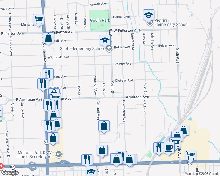 map of restaurants, bars, coffee shops, grocery stores, and more near 2034 Scott Street in Melrose Park