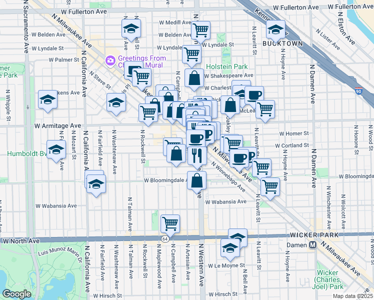 map of restaurants, bars, coffee shops, grocery stores, and more near 2428 West Cortland Street in Chicago