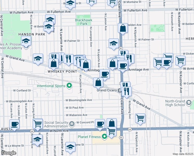 map of restaurants, bars, coffee shops, grocery stores, and more near 4922 West Grand Avenue in Chicago