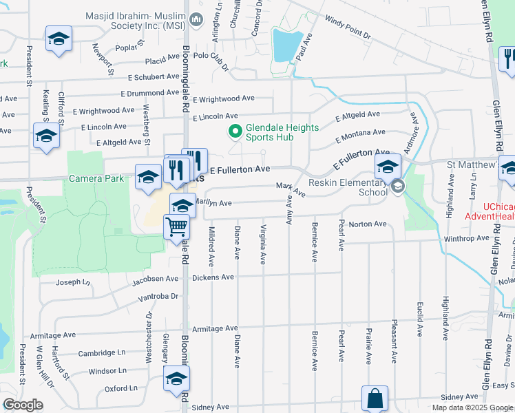 map of restaurants, bars, coffee shops, grocery stores, and more near 293 Marilyn Avenue in Glendale Heights
