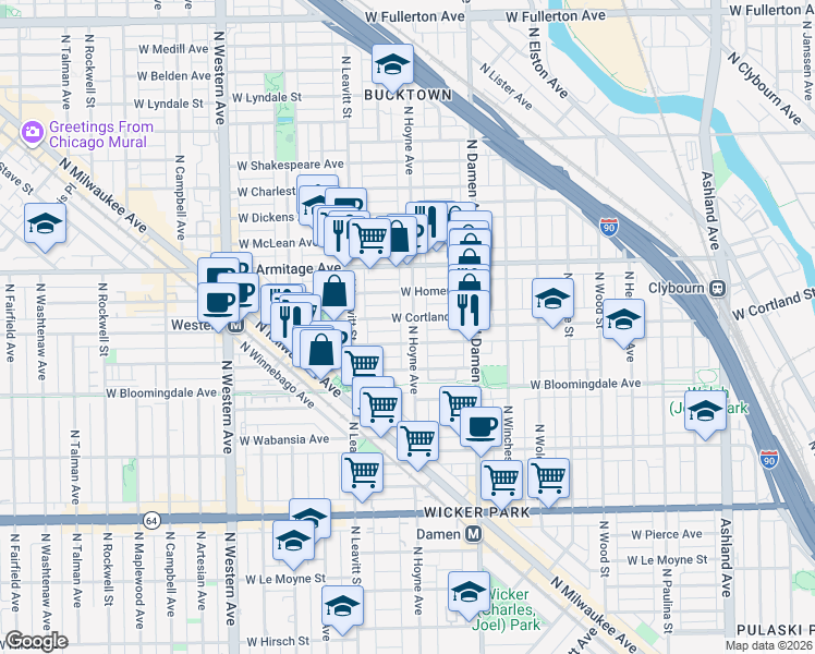 map of restaurants, bars, coffee shops, grocery stores, and more near 1874 North Hoyne Avenue in Chicago
