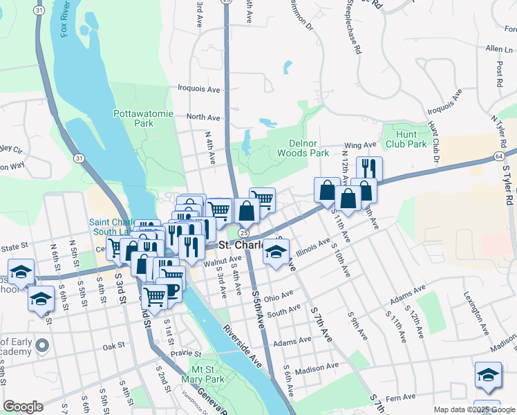 map of restaurants, bars, coffee shops, grocery stores, and more near 120 North 6th Avenue in St. Charles
