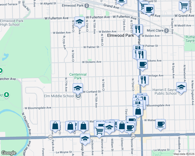 map of restaurants, bars, coffee shops, grocery stores, and more near 1943 North 75th Avenue in Elmwood Park
