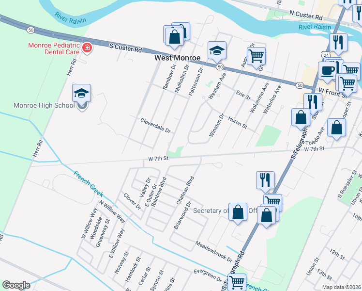 map of restaurants, bars, coffee shops, grocery stores, and more near 10 Winston Court in Monroe