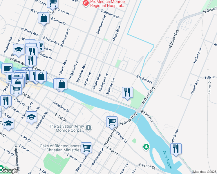 map of restaurants, bars, coffee shops, grocery stores, and more near 155 Baptiste Avenue in Monroe