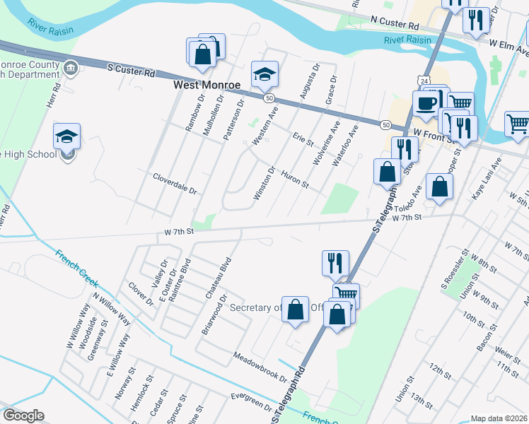 map of restaurants, bars, coffee shops, grocery stores, and more near 978 Woodville Avenue in Monroe