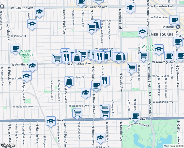 map of restaurants, bars, coffee shops, grocery stores, and more near 1914 North Kimball Avenue in Chicago