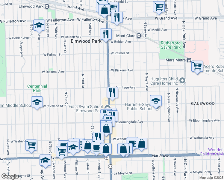 map of restaurants, bars, coffee shops, grocery stores, and more near 7183 W Armitage Ave in Chicago