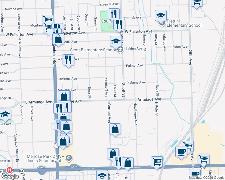 map of restaurants, bars, coffee shops, grocery stores, and more near 2030 Louis Street in Melrose Park