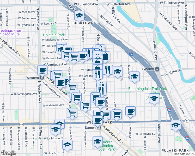 map of restaurants, bars, coffee shops, grocery stores, and more near 1876 North Damen Avenue in Chicago