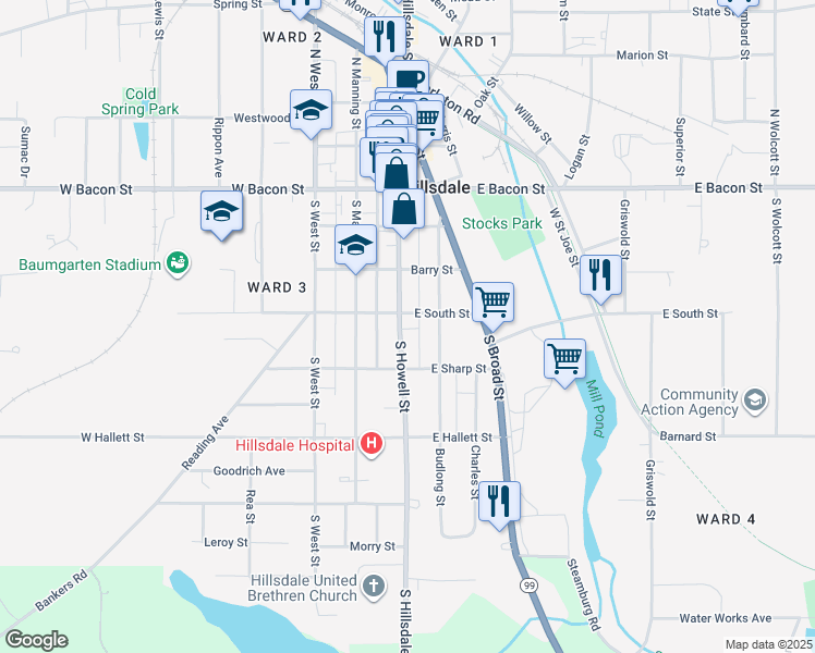 map of restaurants, bars, coffee shops, grocery stores, and more near 85 South Howell Street in Hillsdale