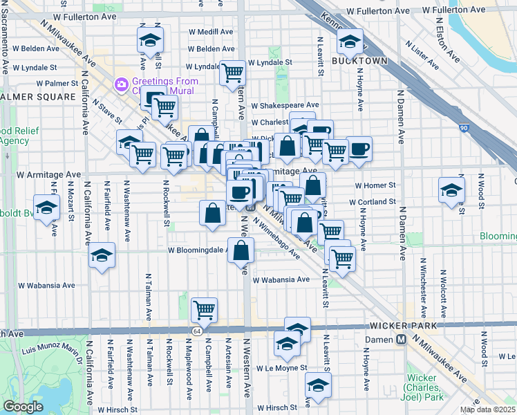 map of restaurants, bars, coffee shops, grocery stores, and more near 1900 North Western Avenue in Chicago