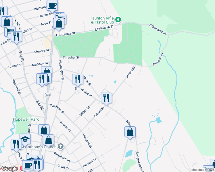 map of restaurants, bars, coffee shops, grocery stores, and more near 17 Whitsbourgh Street in Taunton