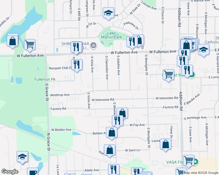map of restaurants, bars, coffee shops, grocery stores, and more near 555 South Clarendon Avenue in Addison