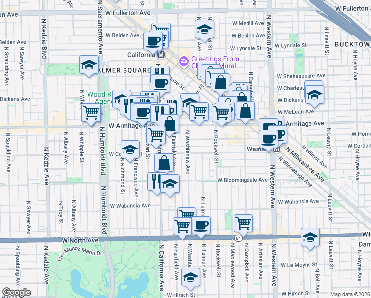 map of restaurants, bars, coffee shops, grocery stores, and more near 1910 North Washtenaw Avenue in Chicago