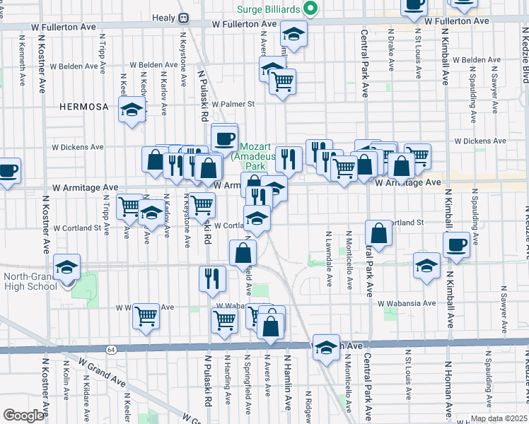 map of restaurants, bars, coffee shops, grocery stores, and more near 1920 North Avers Avenue in Chicago