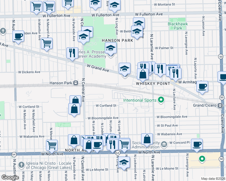 map of restaurants, bars, coffee shops, grocery stores, and more near 5418 West Hanson Avenue in Chicago