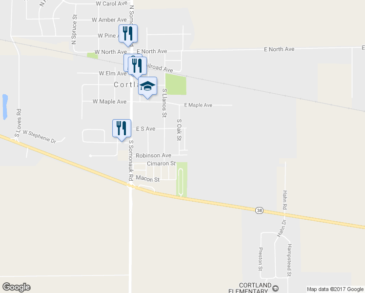 map of restaurants, bars, coffee shops, grocery stores, and more near 226 South Oak Street in Cortland