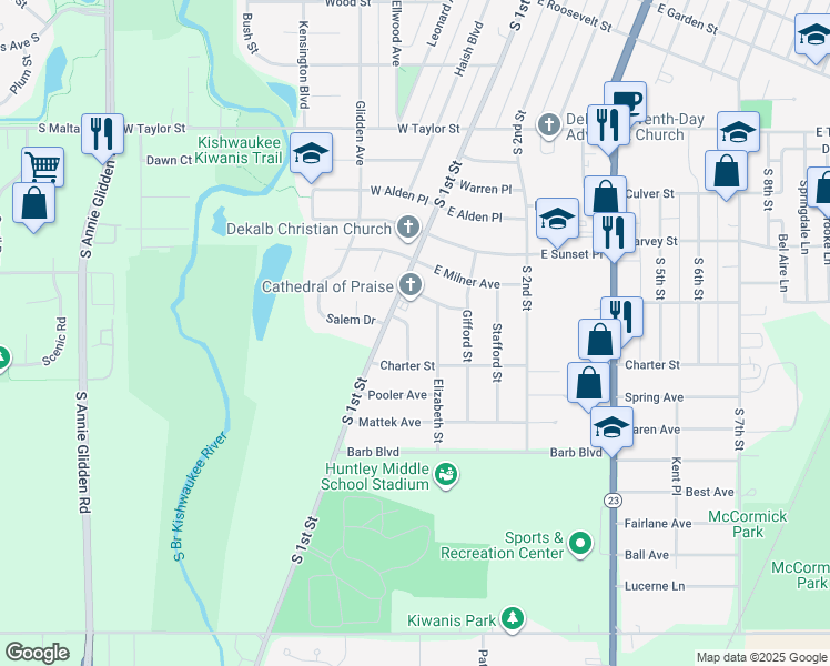 map of restaurants, bars, coffee shops, grocery stores, and more near 122 Ebbesen Drive in DeKalb