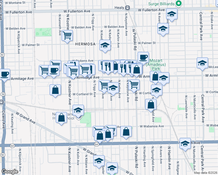 map of restaurants, bars, coffee shops, grocery stores, and more near 1920 North Kedvale Avenue in Chicago