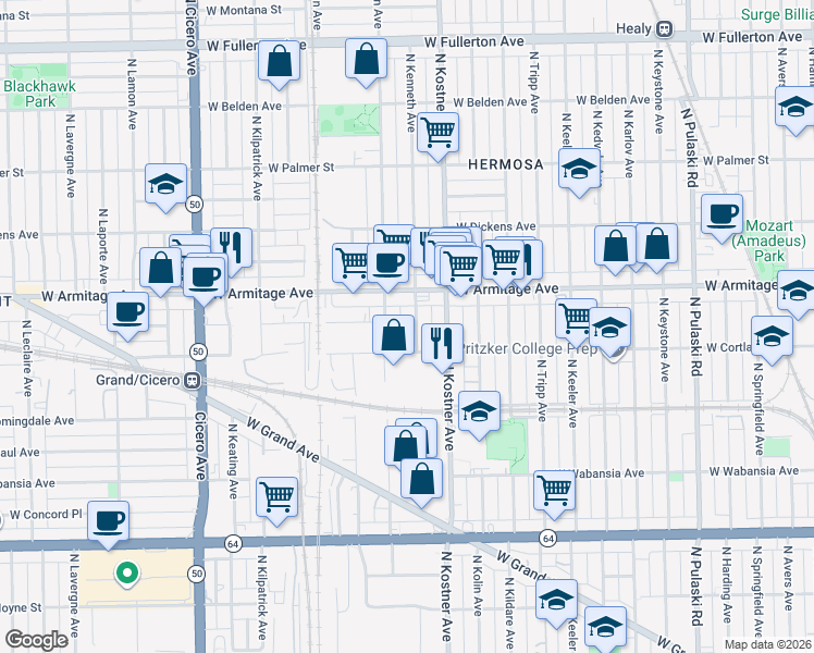 map of restaurants, bars, coffee shops, grocery stores, and more near 1924 North Kenneth Avenue in Chicago