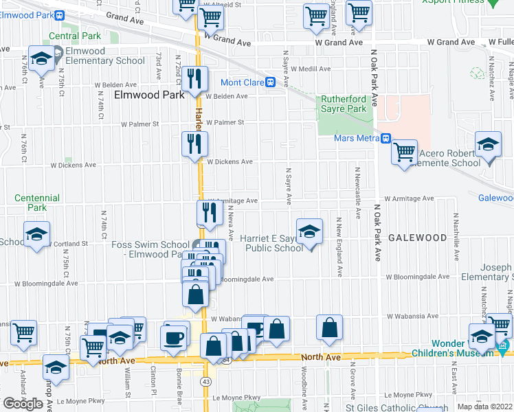 map of restaurants, bars, coffee shops, grocery stores, and more near 7101 West Armitage Avenue in Chicago