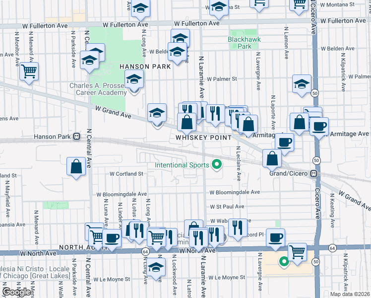 map of restaurants, bars, coffee shops, grocery stores, and more near 1860 N Laramie Ave in Chicago
