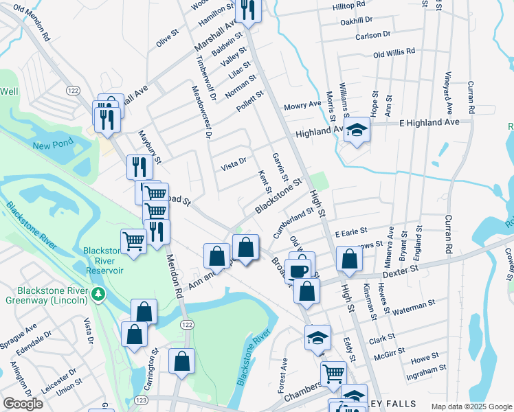 map of restaurants, bars, coffee shops, grocery stores, and more near 19 Blackstone Street in Cumberland