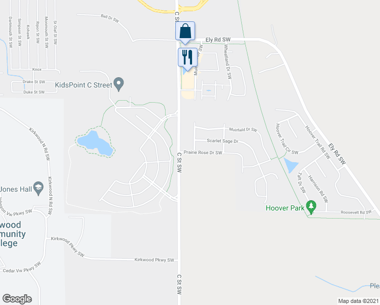map of restaurants, bars, coffee shops, grocery stores, and more near 1121 Prairie Rose Drive Southwest in Cedar Rapids