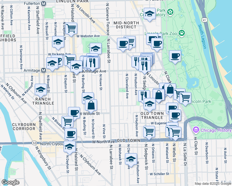 map of restaurants, bars, coffee shops, grocery stores, and more near 1846 North Mohawk Street in Chicago
