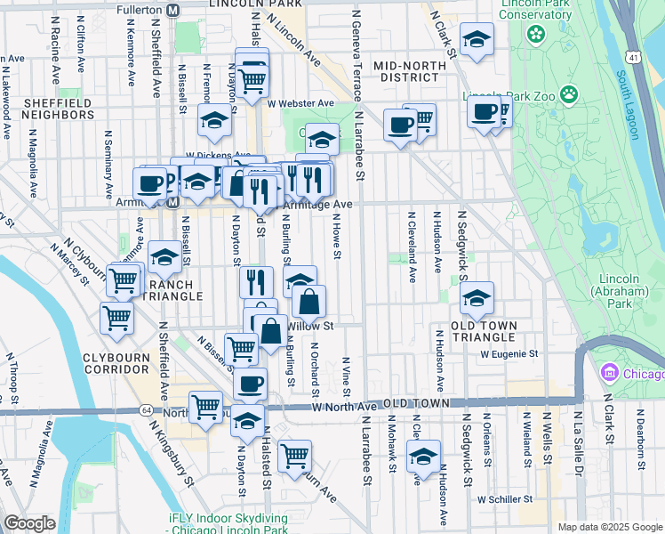 map of restaurants, bars, coffee shops, grocery stores, and more near 1872 North Howe Street in Chicago