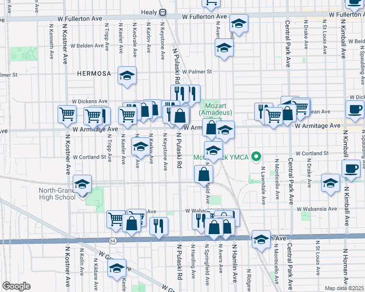 map of restaurants, bars, coffee shops, grocery stores, and more near 1921 North Pulaski Road in Chicago