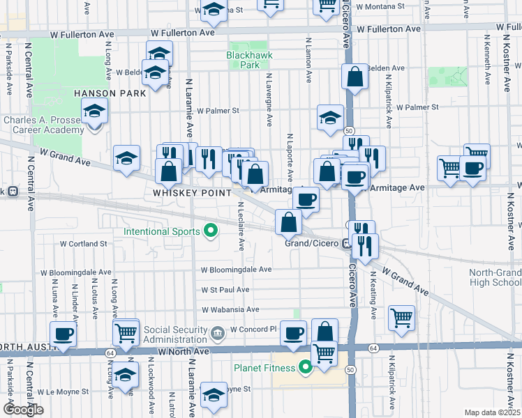 map of restaurants, bars, coffee shops, grocery stores, and more near 5015 West Grand Avenue in Chicago