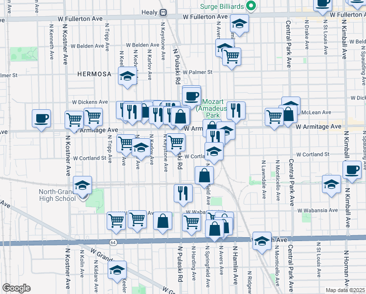 map of restaurants, bars, coffee shops, grocery stores, and more near 1921 North Pulaski Road in Chicago