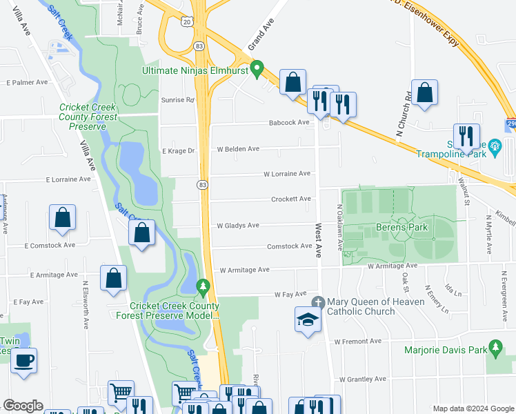 map of restaurants, bars, coffee shops, grocery stores, and more near 602 West Crockett Avenue in Elmhurst