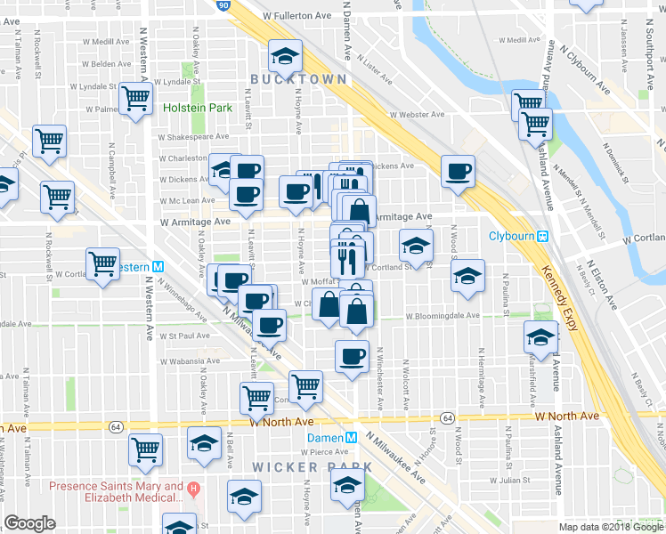 map of restaurants, bars, coffee shops, grocery stores, and more near 2023 West Cortland Street in Chicago