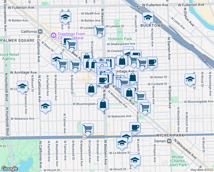 map of restaurants, bars, coffee shops, grocery stores, and more near 1900 North Western Avenue in Chicago