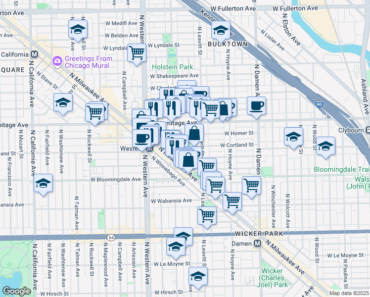 map of restaurants, bars, coffee shops, grocery stores, and more near 2239 West Cortland Street in Chicago