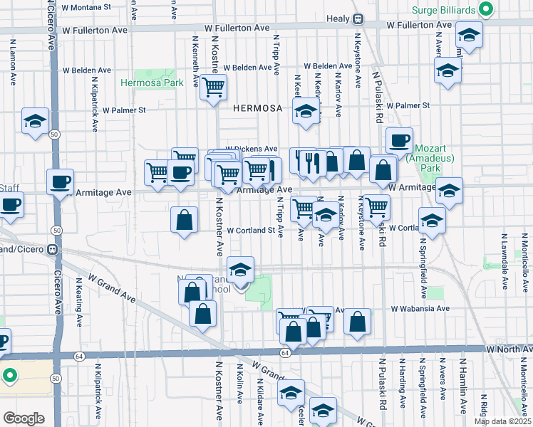 map of restaurants, bars, coffee shops, grocery stores, and more near 1923 North Kildare Avenue in Chicago