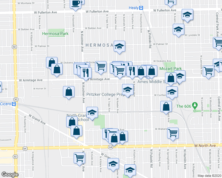 map of restaurants, bars, coffee shops, grocery stores, and more near 1923 North Tripp Avenue in Chicago